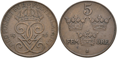 Швеция 5 эре 1926 Густав V (1907-1950) KM 779.2 бронза 4557-614
