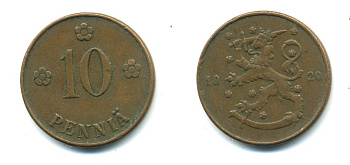 Финляндия 10 пенни 1920 республика (1918-1962) KM 24 медь 36-945
