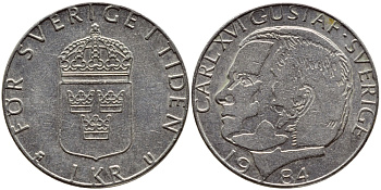 Швеция 1 крона 1984 Карл XVI Густав (1973- ) KM 852a медно-никель 4397-1143