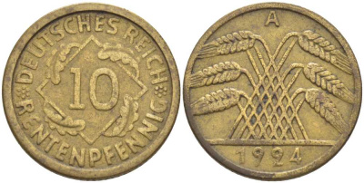 ГЕРМАНИЯ 10 РЕНТЕНПФЕННИГОВ 1924 A KM 33, J.309, Weege 8 алюминиевая бронза 202-246