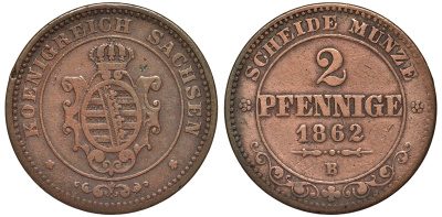 САКСОНИЯ 2 ПФЕННИГА 1862 В KM 1217 медь 75-1111