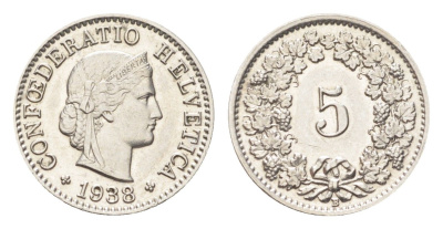 Швейцария 5 раппенов 1938 B KM 26b никель 4705-1232