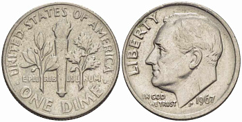 США 10 центов (дайм) 1967 Рузвельт KM 195а медь плакированная медно-никелем 105-657