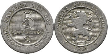 БЕЛЬГИЯ 5 САНТИМОВ 1861 BELGES KM 21 медно-никель 83-1415