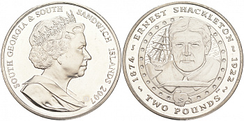 Южная Георгия и Южные Сандвичевы Острова 2 фунта 2007 сэр Эрнест Генри Шеклтон KM 35 медно-никель UNC M26-21