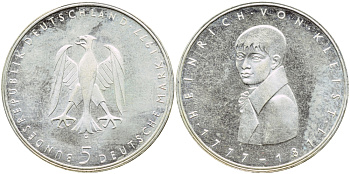 ФРГ 5 МАРОК 1977 G, 200 ЛЕТ СО ДНЯ РОЖДЕНИЯ ГЕНРИХА фон КЛЕЙСТА KM 146, J. 421 серебро UNC 4394-113