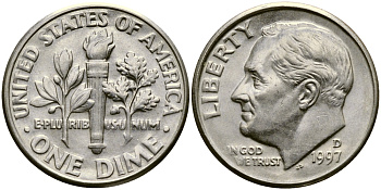 США 10 ЦЕНТОВ = 1 ДАЙМ 1997 D, РУЗВЕЛЬТ KM 195а медь плакированная медно-никелем 46-1145