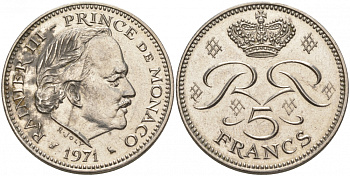 Монако 5 франков 1971 Ренье III (1949-2005) KM 150 медно-никель плакированный никелем 73-1651