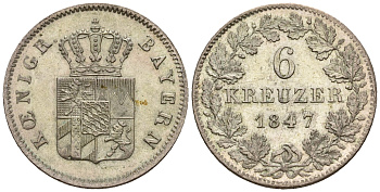 Бавария 6 крейцеров 1847 Людвиг I (1825-1848) KM 802, Jaeger 60, AKS 82 серебро UNC 413-5815