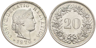 Швейцария 20 раппенов 1970 KM 29a медно-никель 55-933
