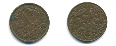 НИДЕРЛАНДЫ 1 ЦЕНТ 1941 ВИЛЬГЕЛЬМИНА (1890-1948) KM 152 бронза 4379-1144