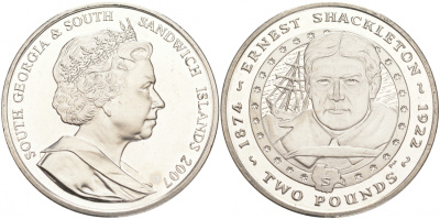 Южная Георгия и Южные Сандвичевы Острова 2 фунта 2007 сэр Эрнест Генри Шеклтон KM 35 медно-никель UNC M26-21