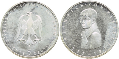 ФРГ 5 марок 1977 G, 200 лет со дня рождения Генриха фон Клейста KM 146, J. 421 серебро UNC 4394-113