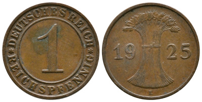 ГЕРМАНИЯ 1 РЕЙХСПФЕННИГ 1925 E KM 37, J. 313 бронза 4380-1122