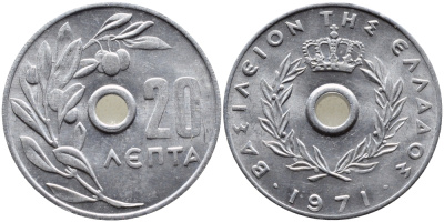 Греция 20 лепта 1971 Константин II (1964-1974), оливковая ветвь KM 79 алюминий UNC 4390-226