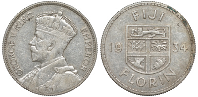 Фиджи 1 флорин 1934 Георг V (1910-1936), герб Фиджи KM 5 серебро 91-1242