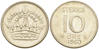 Швеция 10 эре 1960 TS, Густав VI Адольф (1950-1973) KM 823 серебро 192-152