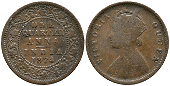 Британская Индия 1/4 анна 1874 Виктория (1837-1901) KM 467 медь 34-753
