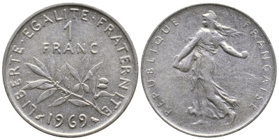 ФРАНЦИЯ 1 ФРАНК 1969 СЕЯТЕЛЬ KM 925.1 никель 59-441