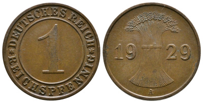 ГЕРМАНИЯ 1 РЕЙХСПФЕННИГ 1929 A KM 37, J. 313 бронза 4380-1151