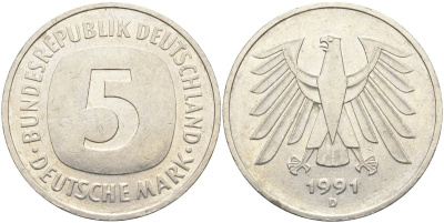 ФРГ 5 марок 1991 D KM 140.1, J.415 медно-никель 4139-125