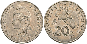 Французская Новая Каледония 20 франков 2007 три быка, (IEOM) KM 12a, Schoen 14a, Lec 115j медно-никель 81-1031