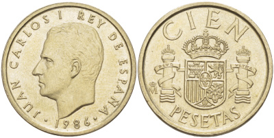 Испания 100 песет 1986 Хуан Карлос I (1975-2014) KM 826 алюминиевая бронза 4185-1011