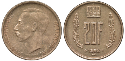Люксембург 20 франков 1982 герцог Жан (1964-1999) KM 58 алюминиевая бронза 4144-143