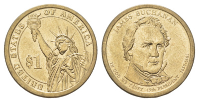 США 1 доллар 2010 P, Президент США - Джеймс Бьюкенен (1857-1861) KM 477 медь с марганцево-латунным покрытием UNC 4629-255