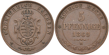 Саксония 5 пфеннигов 1869 В, Johann (1854-1873) KM 1218, AKS 151, J. 123 медь 4587-623