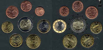 ФРГ евронабор от 1 евроцента до 2 евро включает 2 евро 2007, Мекленбург, планшет биметалл, медно-никель UNC 3-4-9-09