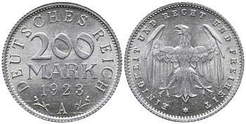 ГЕРМАНИЯ 200 МАРОК 1923 А KM 35, J. 304 алюминий 24-821