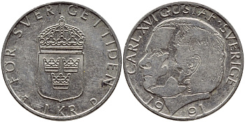 Швеция 1 крона 1991 Карл XVI Густав (1973- ) KM 852a медно-никель 4395-743