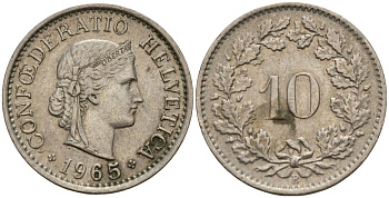 Швейцария 10 раппенов 1965 B KM 27 медно-никель 4189-412
