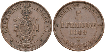 Саксония 5 пфеннигов 1869 В, Johann (1854-1873) KM 1218, AKS 151, J. 123 медь 4587-623