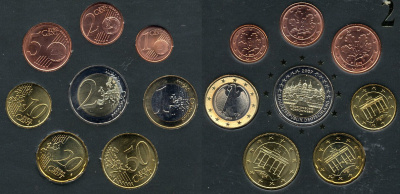 ФРГ евронабор от 1 евроцента до 2 евро включает 2 евро 2007, Мекленбург, планшет биметалл, медно-никель UNC 3-4-9-09