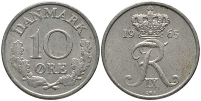 ДАНИЯ 10 ЭРЕ 1965 C; S, ФРЕДЕРИК IX (1947-1972) KM 841.3 медно-никель 116-224