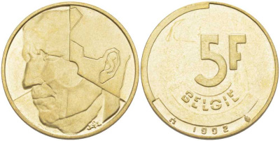 БЕЛЬГИЯ 5 ФРАНКОВ 1992 BELGIE, БОДУЭН I (1951-1993) KM 164 латунь или алюминиевая бронза 4364-1556