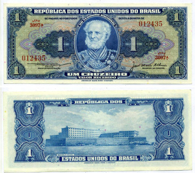 БРАЗИЛИЯ 1 КРУЗЕЙРО 1954-1958 СЕРИЯ 3097А, ПОДПИСЬ 5 Pick 150c бумага XF 7215-6-3-1