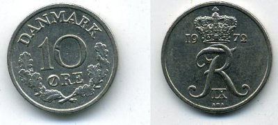ДАНИЯ 10 ЭРЕ 1972 S; S, ФРЕДЕРИК IX (1947-1972) KM 849.2 медно-никель 54-1148
