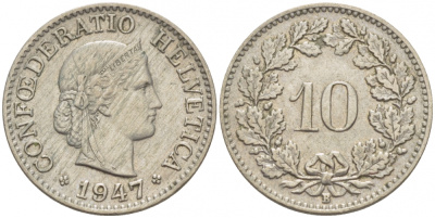 ШВЕЙЦАРИЯ 10 РАППЕНОВ 1947 KM 27 медно-никель 4516-827