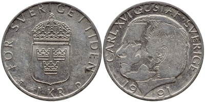 Швеция 1 крона 1991 Карл XVI Густав (1973- ) KM 852a медно-никель 4395-743