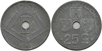 Бельгия 25 сантимов 1942 Belgie-Belgique, Леопольд III (1934-1947) KM 132 цинк 4579-242