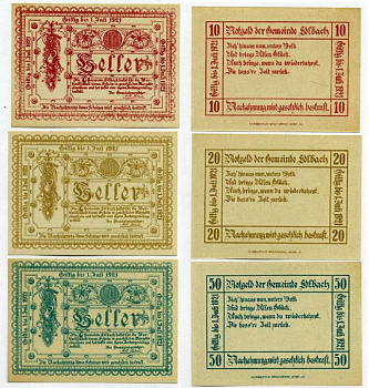 Австрия, Эдльбах набор из 3 банкнот 10, 20, 50 геллеров 1921 1 Июля 1921, нотгельд, коммуна в земле Верхняя Австрия   бумага  UNC (пресс) 7555-24-3-2