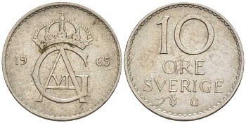 Швеция 10 эре 1965 U, Густав VI Адольф (1950-1973) KM 835 медно-никель 99-766
