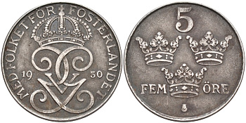 Швеция 5 эре 1950 Густав V (1907-1950) KM 812 железо 4557-732