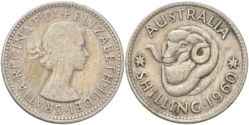 Австралия 1 шиллинг 1960 M, Елизавета II (1952-2022), овца меринос KM 59 серебро 4622-227