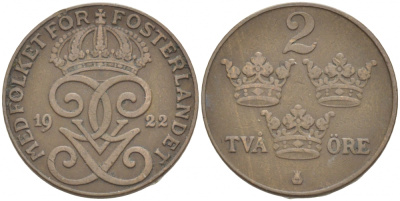 Швеция 2 эре 1922 Густав V (1907-1950) KM 778 бронза 4402-317