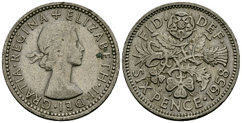 Великобритания 6 пенсов 1958 Елизавета II (1952-2022) KM 903, Spink 4149 медно-никель 4167-1246