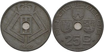 Бельгия 25 сантимов 1942 Belgique - Belgie, Леопольд III (1934-1947), германская оккупация, Вторая мировая война KM 131 цинк 4157-434
